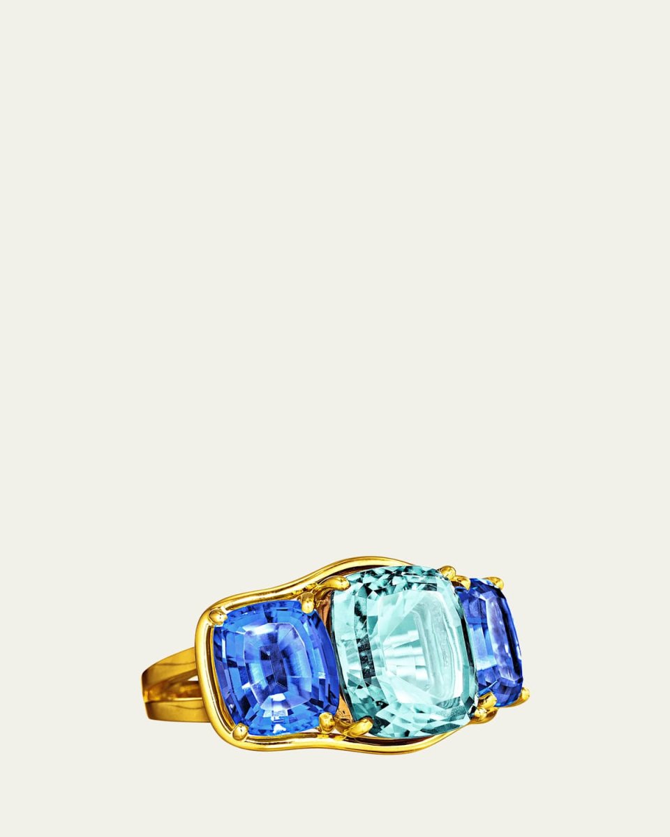 Large Aqua and Iolite 3 Stone Ring in 18K Yellow Gold, Size